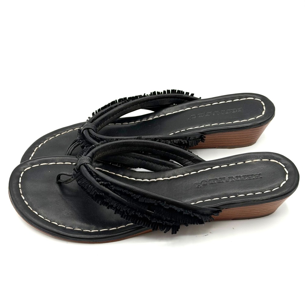 Bernardo Women Sandals 9M Wedge Thong Leather Boho Fringe Vero Cuoio Shoes - Picture 3 of 9